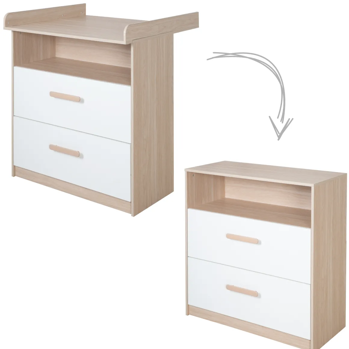 Cassettiera fasciatoio, 2 cassetti + 1 ripiano naturale bianco – roba