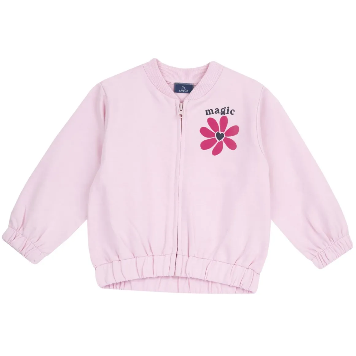 Chicco felpa con zip rosa, fiorellino e scritta magic
