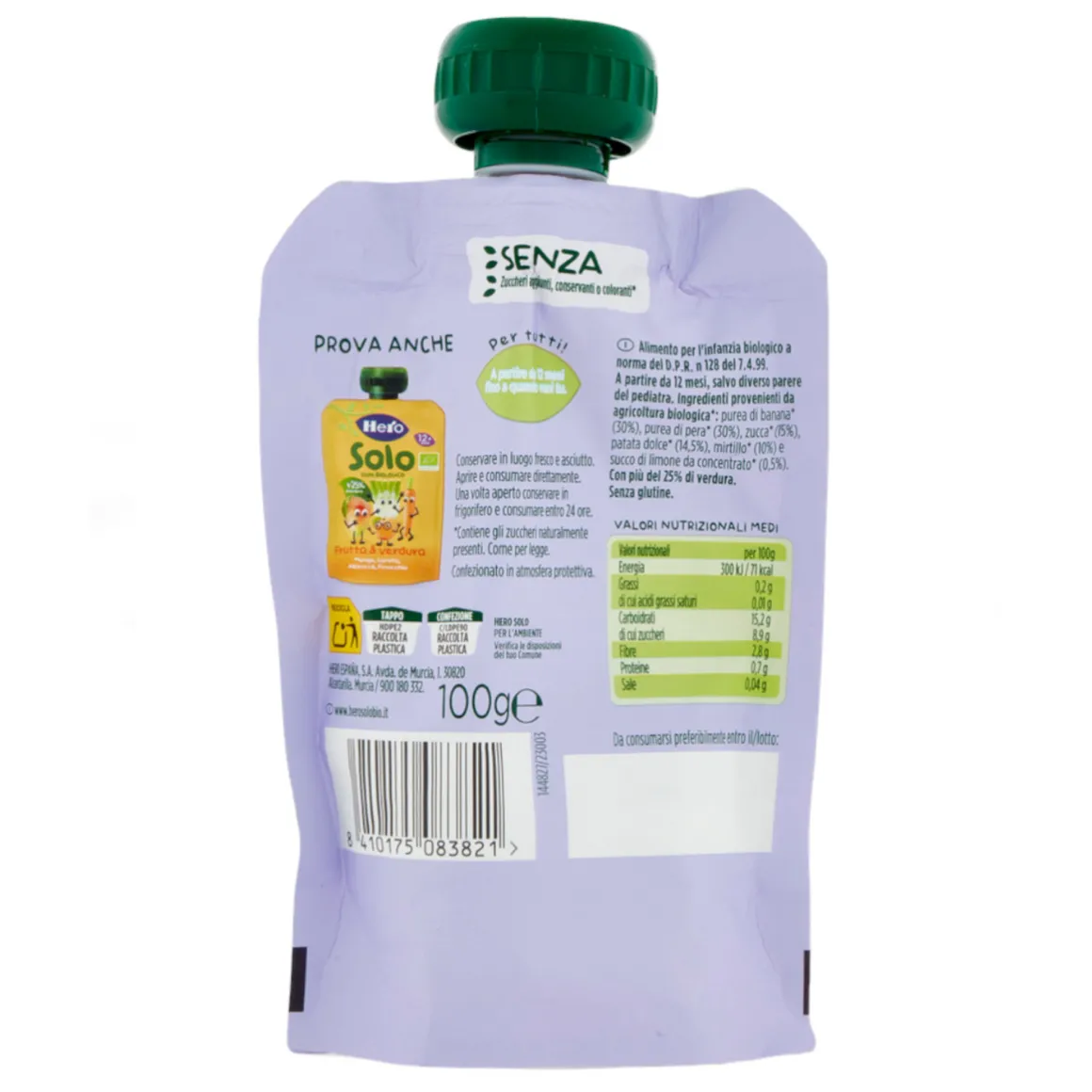 Hero solo pouch pera banana zucca patata dolce e mirtillo 100 gr