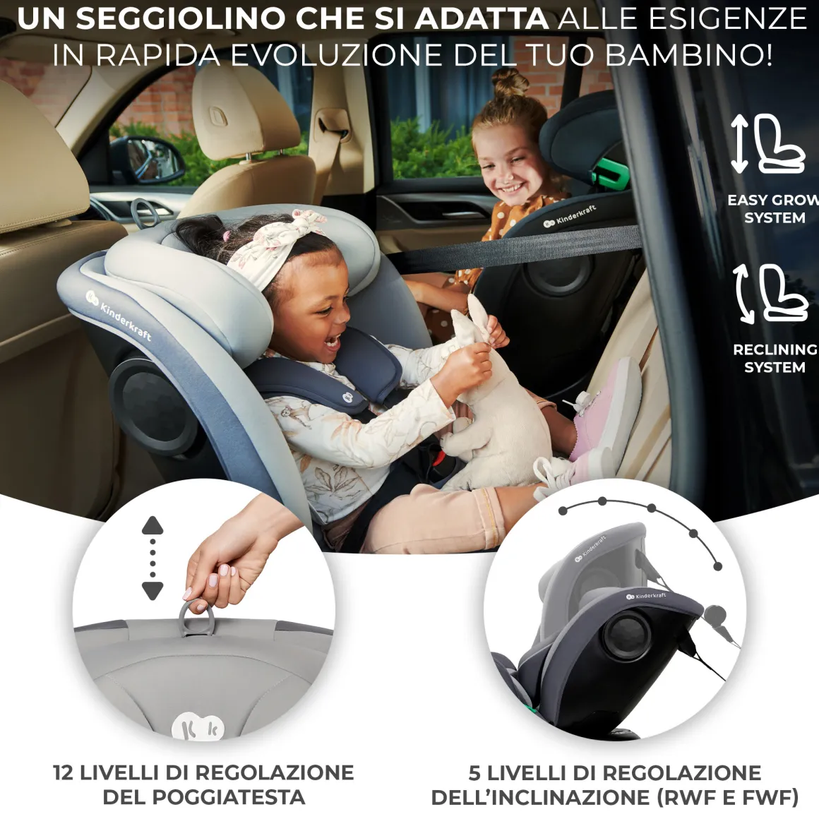 Kinderkraft seggiolino auto i-grow i-size black 40-150cm con base girevole