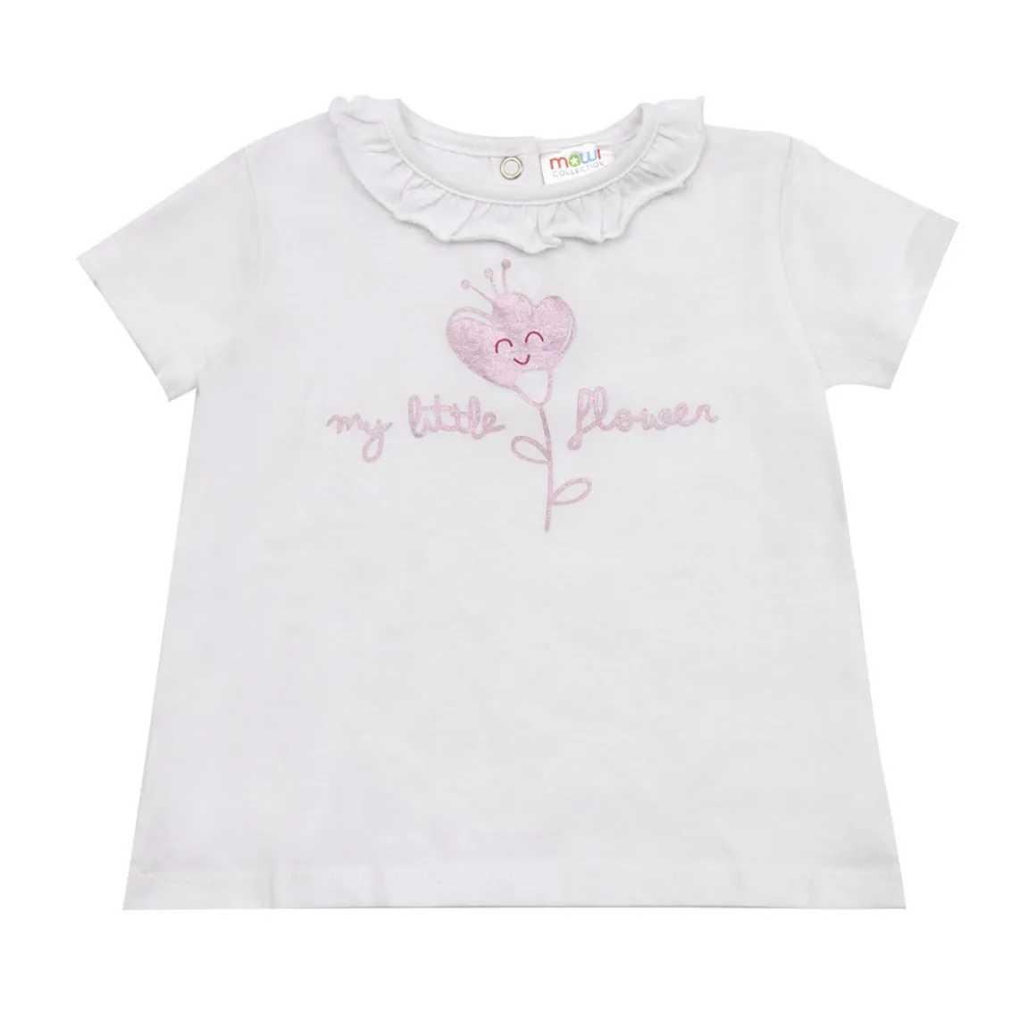 Mawi t-shirt jer con frill al collo e ricamo