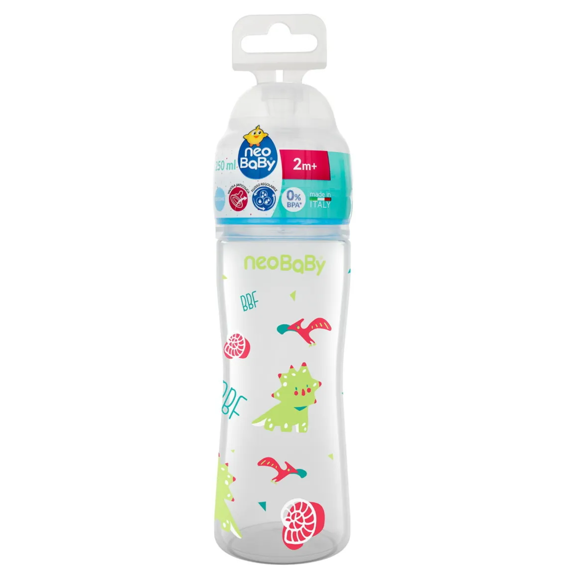 Neobaby biberon plastica collo largo silicone 250ml flusso regolabile verde 2m+