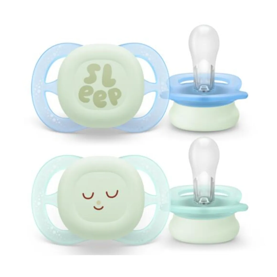 Succhietti ultra start 0-2m night pastello verde e blu smile e sleep, a base vegetale – set da 2 ciucci – philips avent