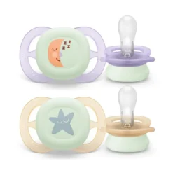 Succhietti ultra start 0-2m night pastello viola e arancione luna e stella, a base vegetale – set da 2 ciucci – philips avent