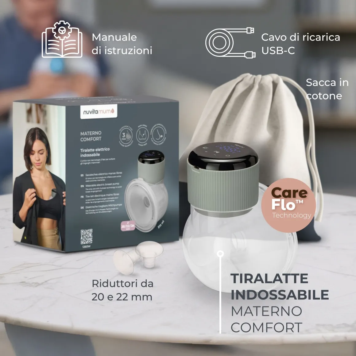 Tiralatte elettrico indossabile singolo materno comfort a 3 fasi – nuvita